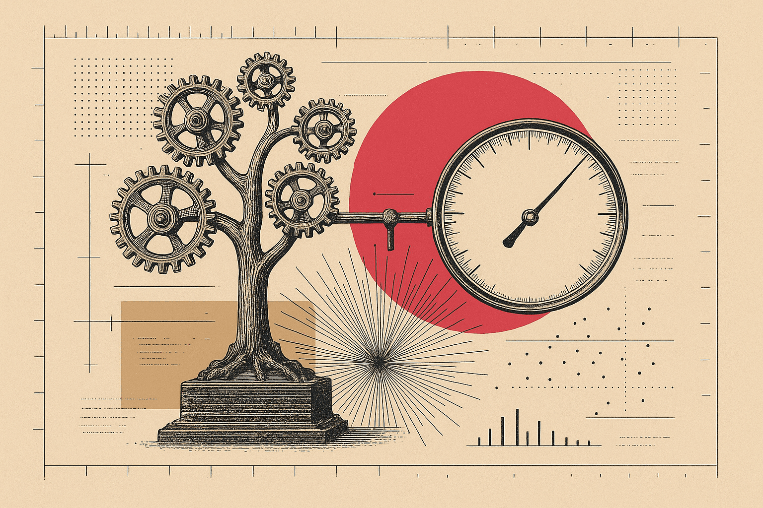 A vintage engraved row of measuring instruments and scales weighing competing options, with a branching question resolving to one answer, over blueprint overlays and a pink-red sunburst.