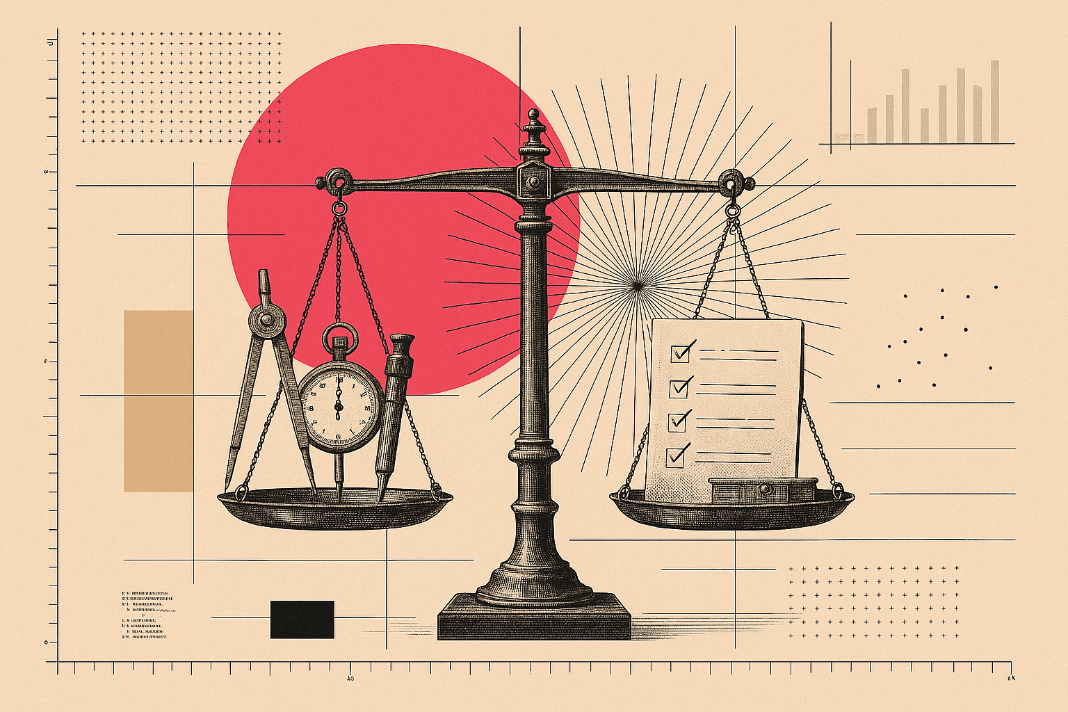 A vintage engraved checklist beside a row of measuring instruments and a balance scale, weighing several boxed tools against a set of criteria, over blueprint overlays and a pink-red sunburst.