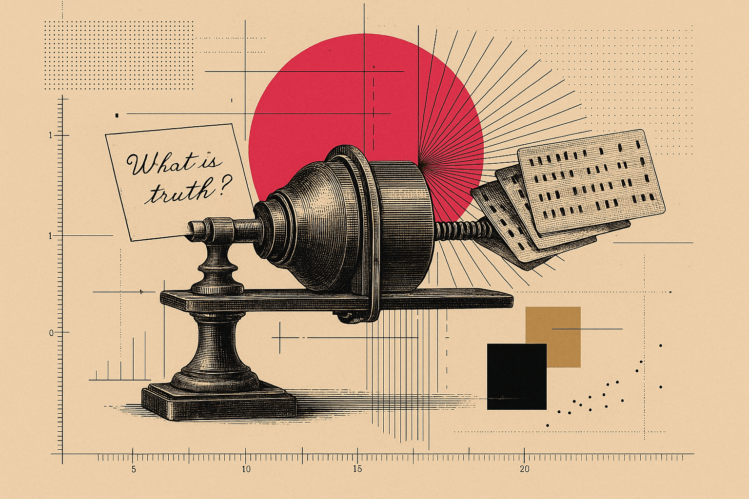 A vintage engraved row of typewriters feeding plain-English questions into a punch-card machine, some cards crisp and aligned, some mangled, over blueprint overlays and a pink-red circle.