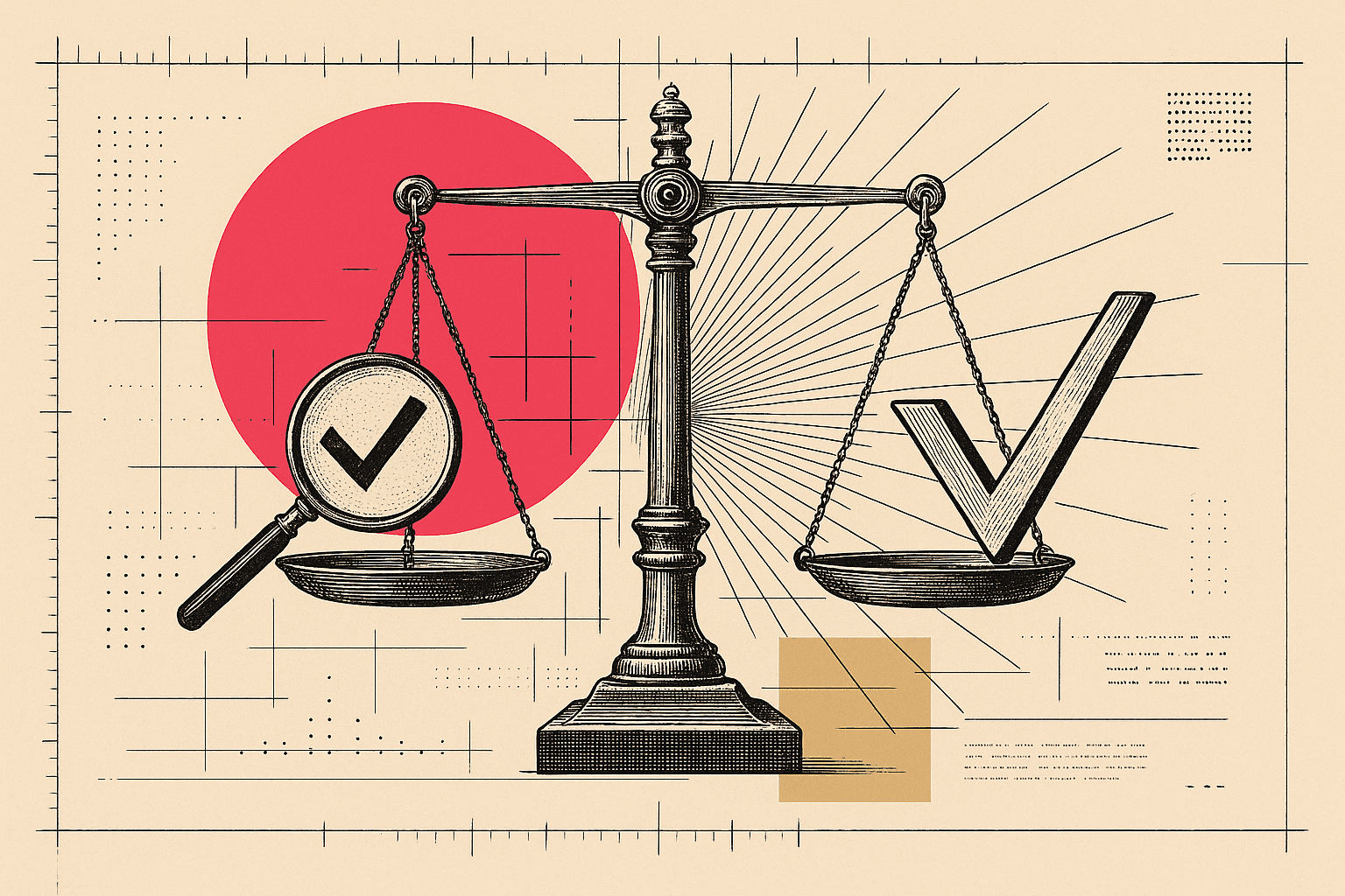 A vintage balance scale weighing a confident answer against a magnifying glass and a checkmark, over blueprint overlays.