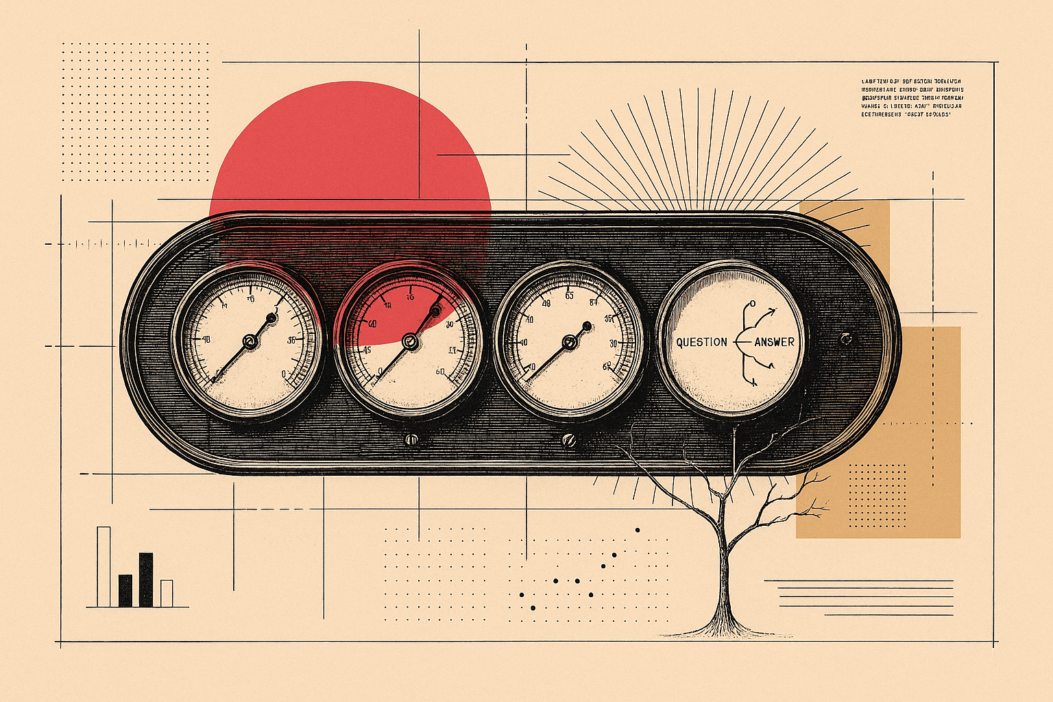 A wall of vintage engraved gauges holds steady while one panel dissolves into a branching question that resolves to a single answer