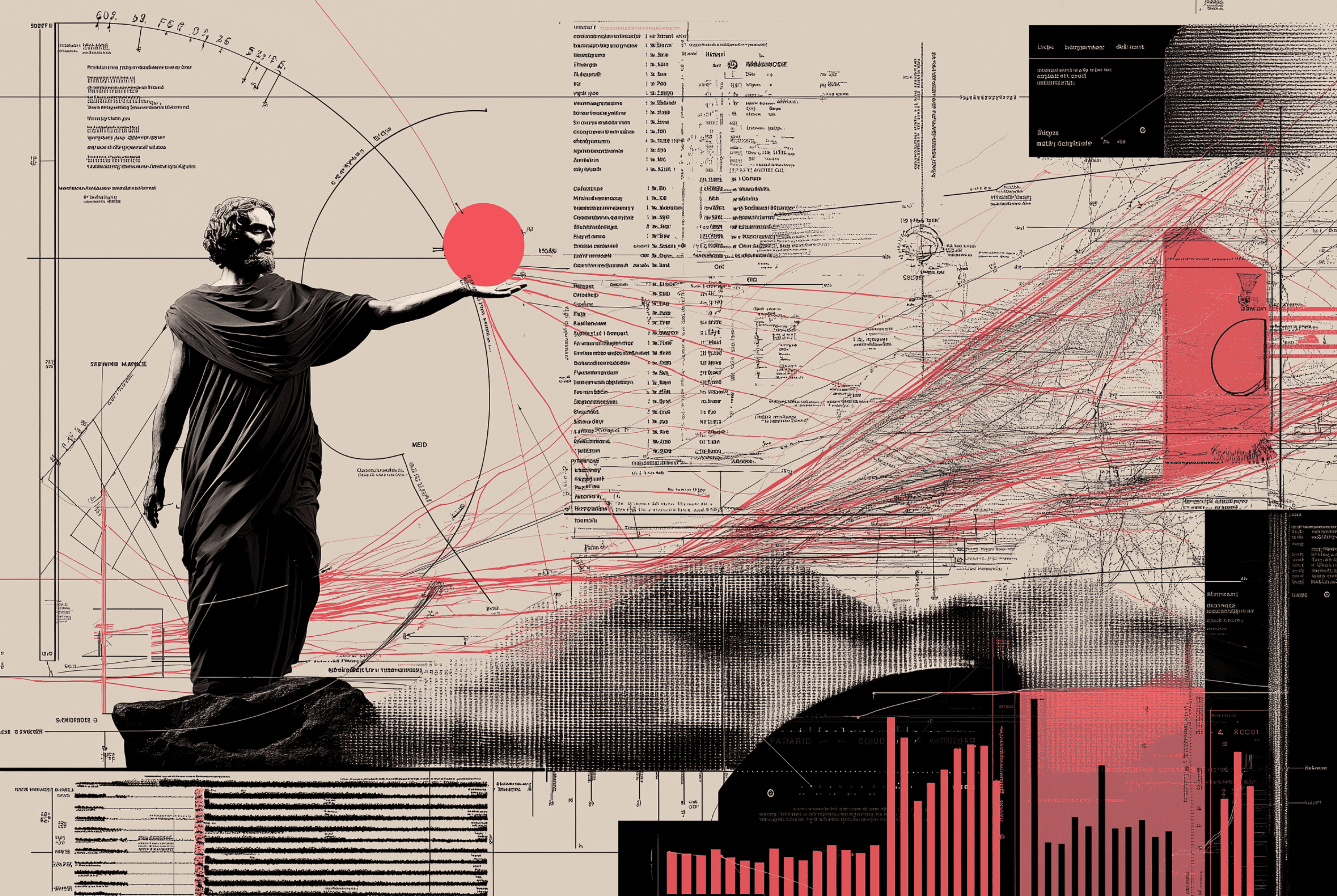 A classical robed statue reaches toward a red sun against a backdrop of hand-drawn schematics, charts, and red trajectory lines, rendered in stark black, white, and red.