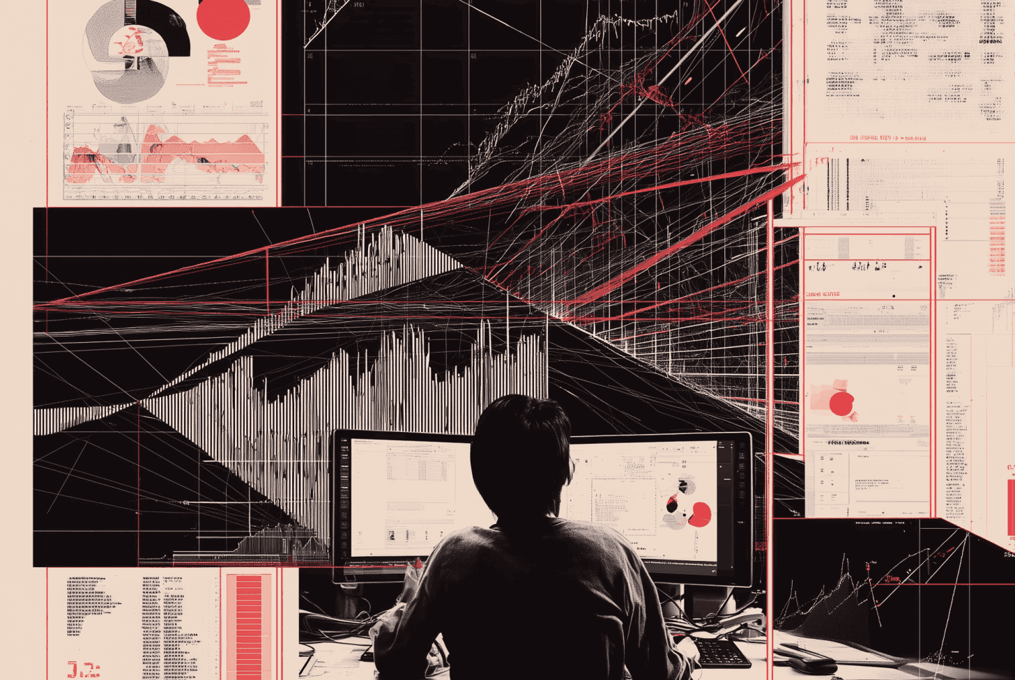 A lone figure seated before a wall of overlapping charts, graphs, and dashboards rendered in stark black, white, and red.