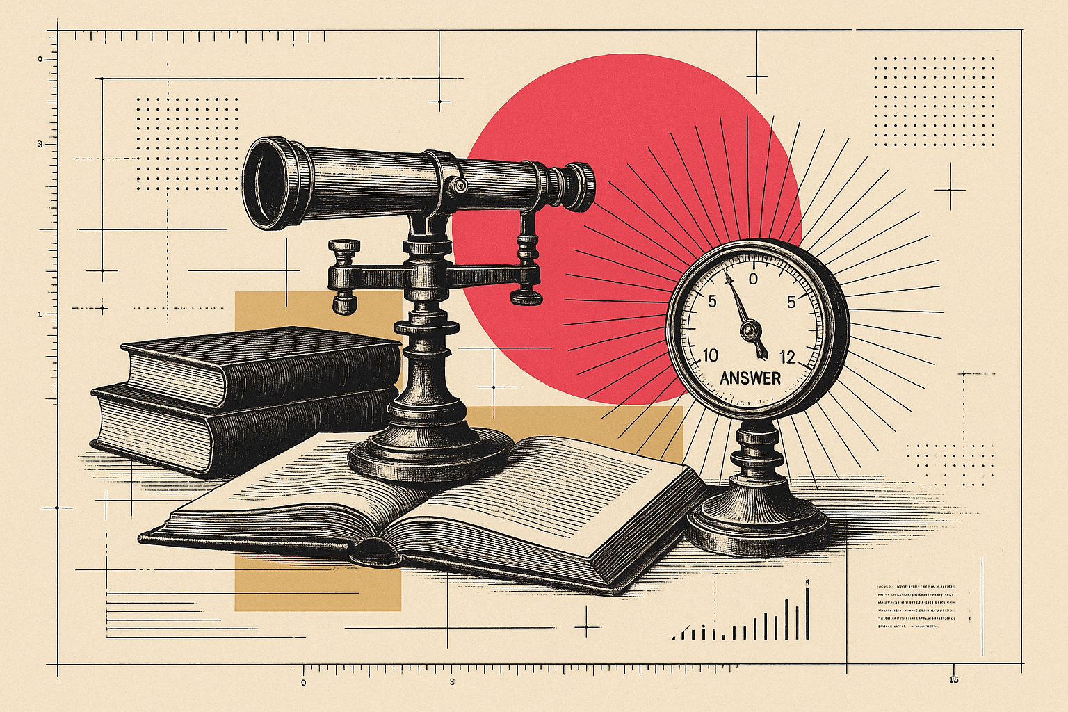 A vintage engraved split desk: on one side an open notebook full of code cells and charts for an analyst, on the other an automaton clerk turning a plain question into a single answer, over blueprint overlays.