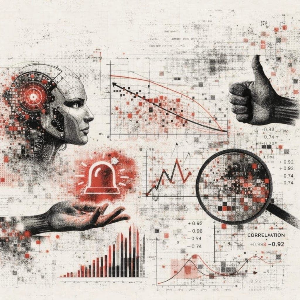 Halftone collage of a robotic human profile, line and bar charts, an alarm bell, and a magnifying glass over pixelated grids of correlation values, in red, black, and cream.