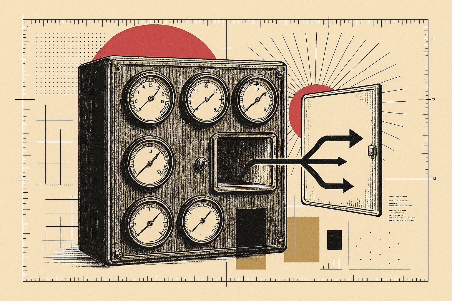 A vintage engraved dashboard of gauges sits beside an open investigation ledger that branches from a single question to one answer, with LookML-style blueprint overlays and a bold pink-red circle.