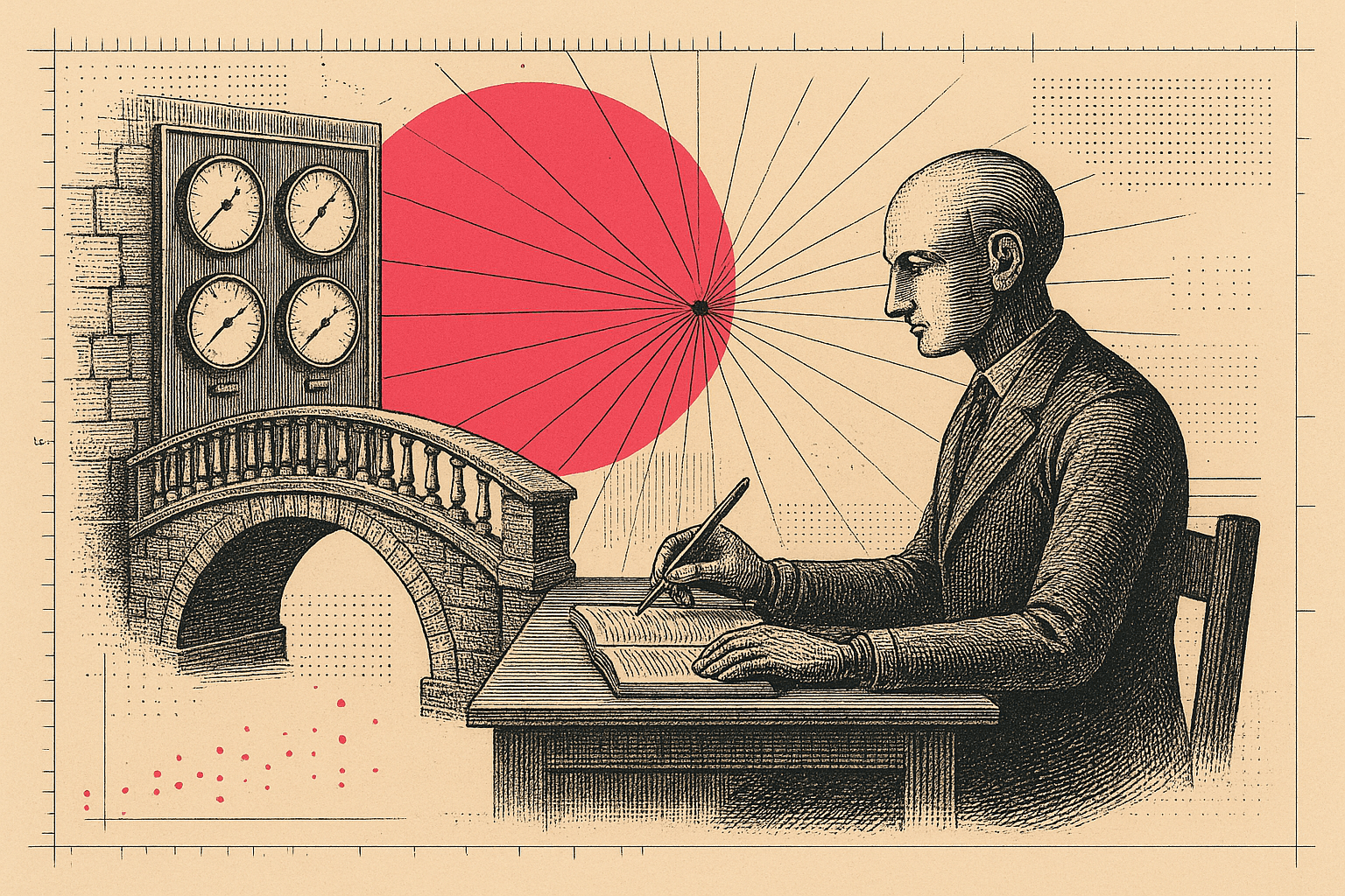 A vintage engraved wall of dashboards thins to a handful of steady gauges while the overflow questions route to a single automaton analyst, over blueprint flows and a pink-red sunburst.