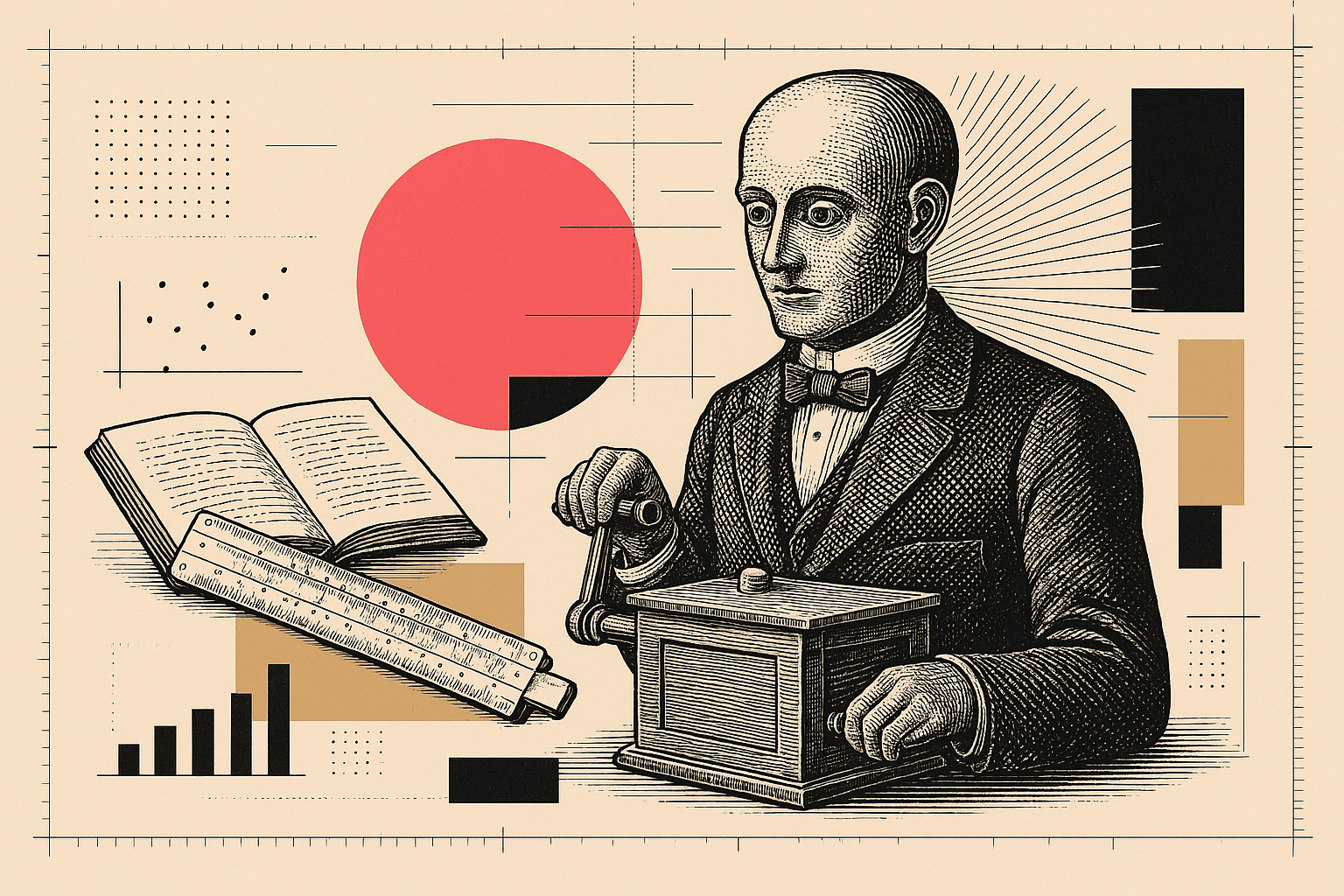 A vintage engraved analyst's workbench of SQL ledgers and a notebook on one side, an automaton that answers questions directly on the other, joined by blueprint data flows over a pink-red sunburst.