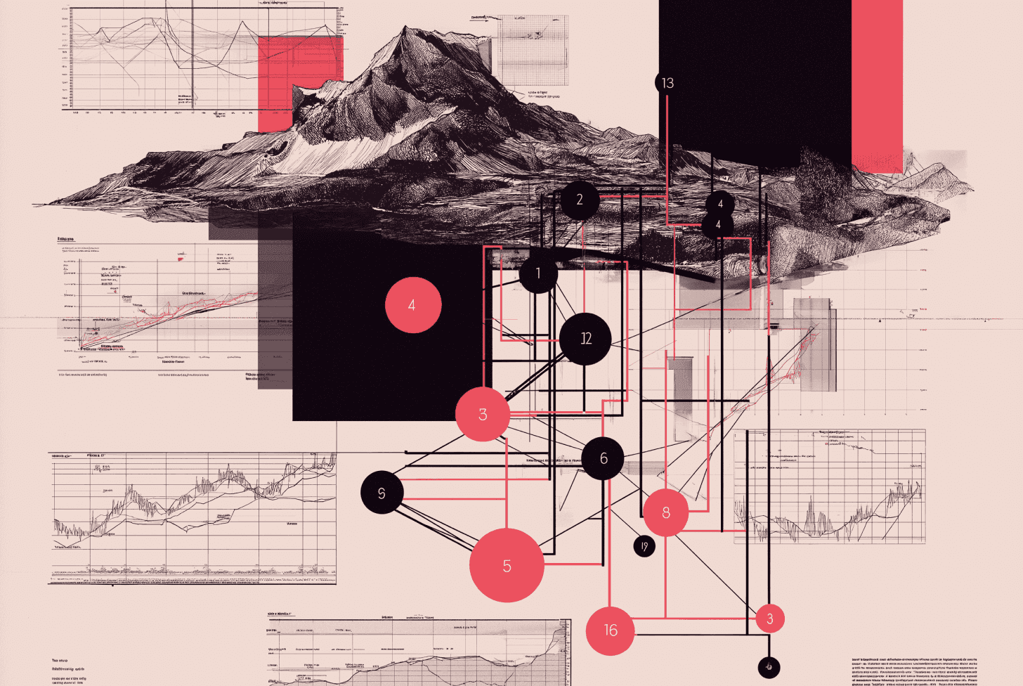 A mountain landscape collaged over chart paper, with numbered red and black circles tracing relationships between data points.