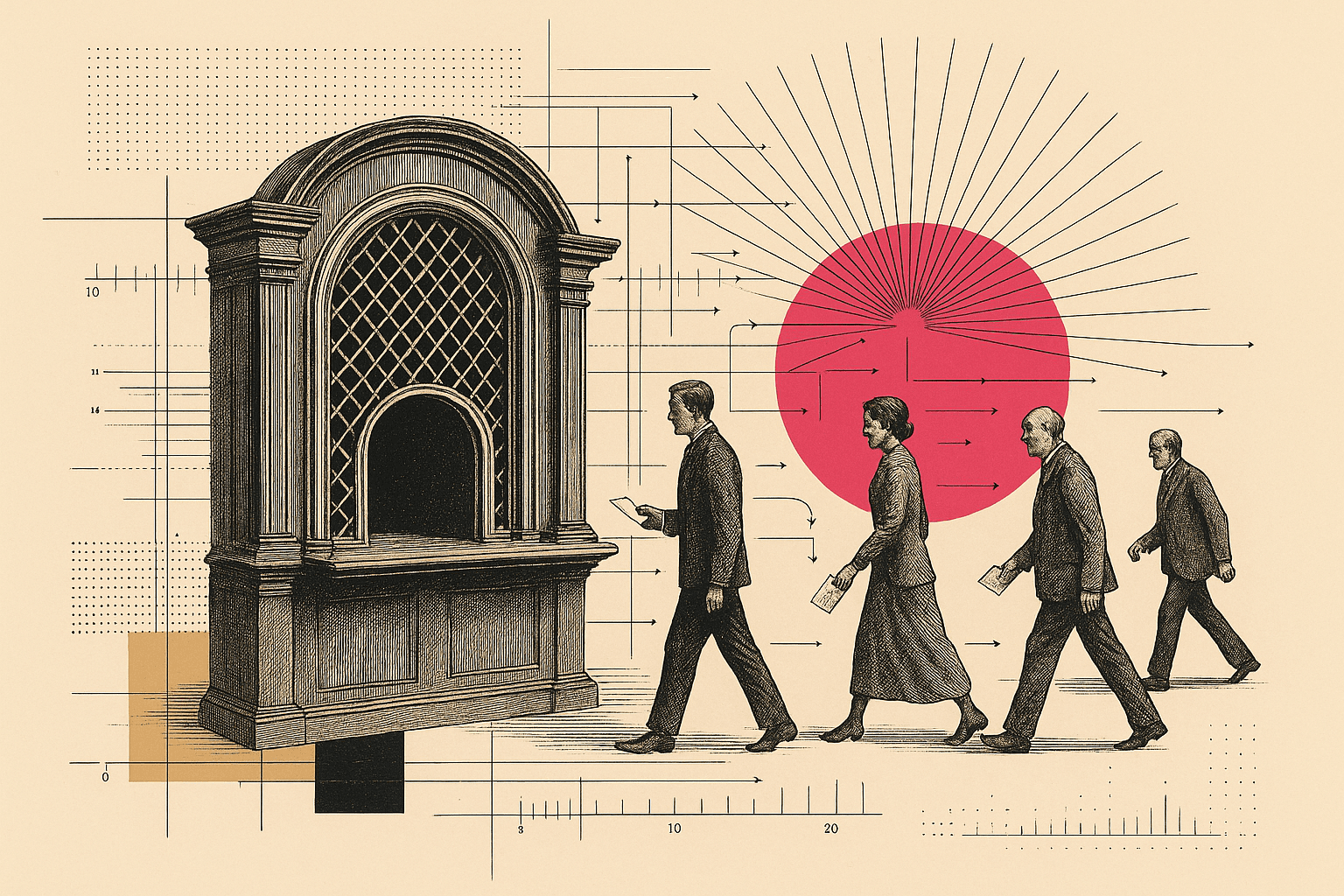 A vintage engraved ticket-queue window with the line emptying as people walk away holding answers, over blueprint flows and a pink-red circle.