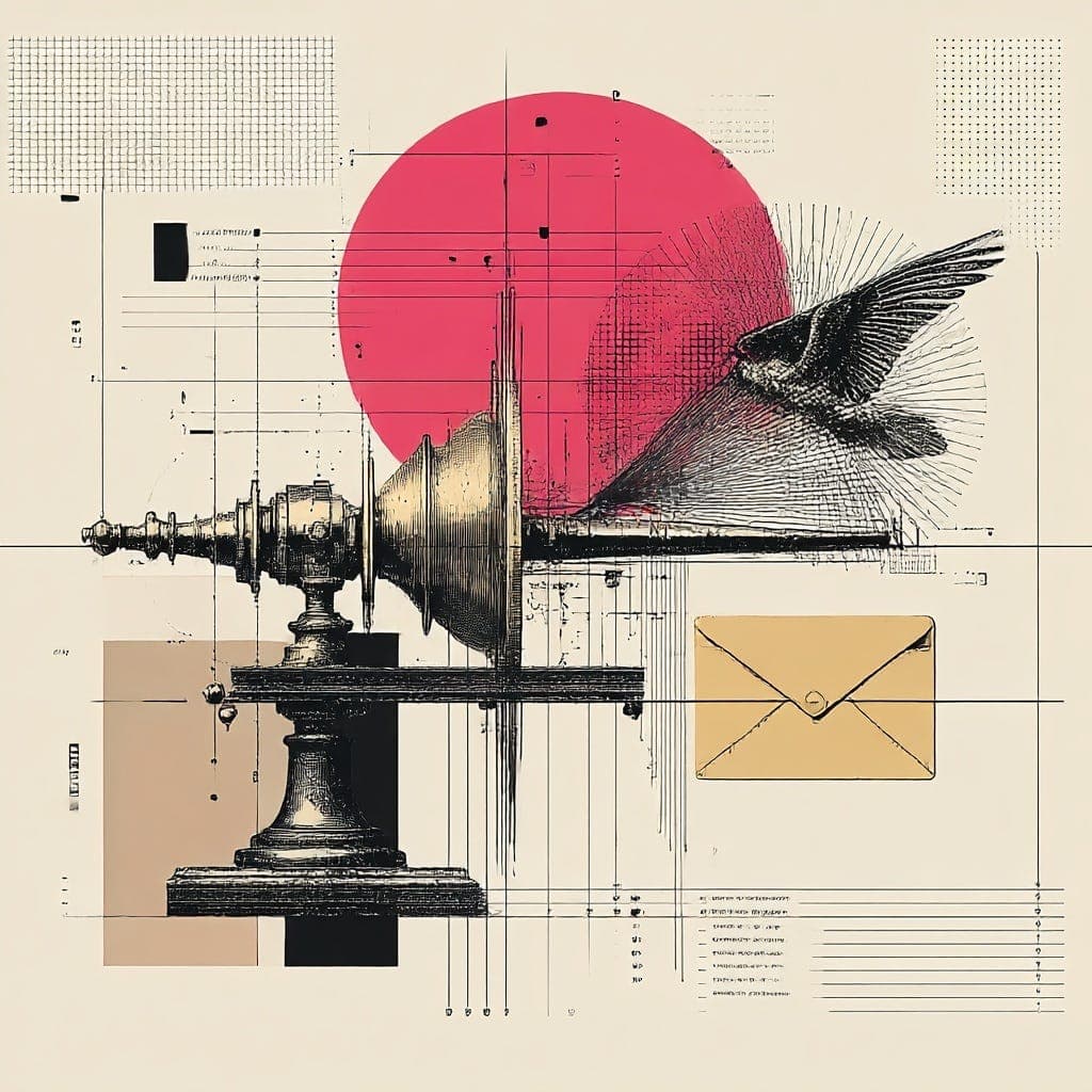 Etched collage of a gramophone horn and a bird in flight beside an envelope and a pink sun, suggesting information pushed outward.