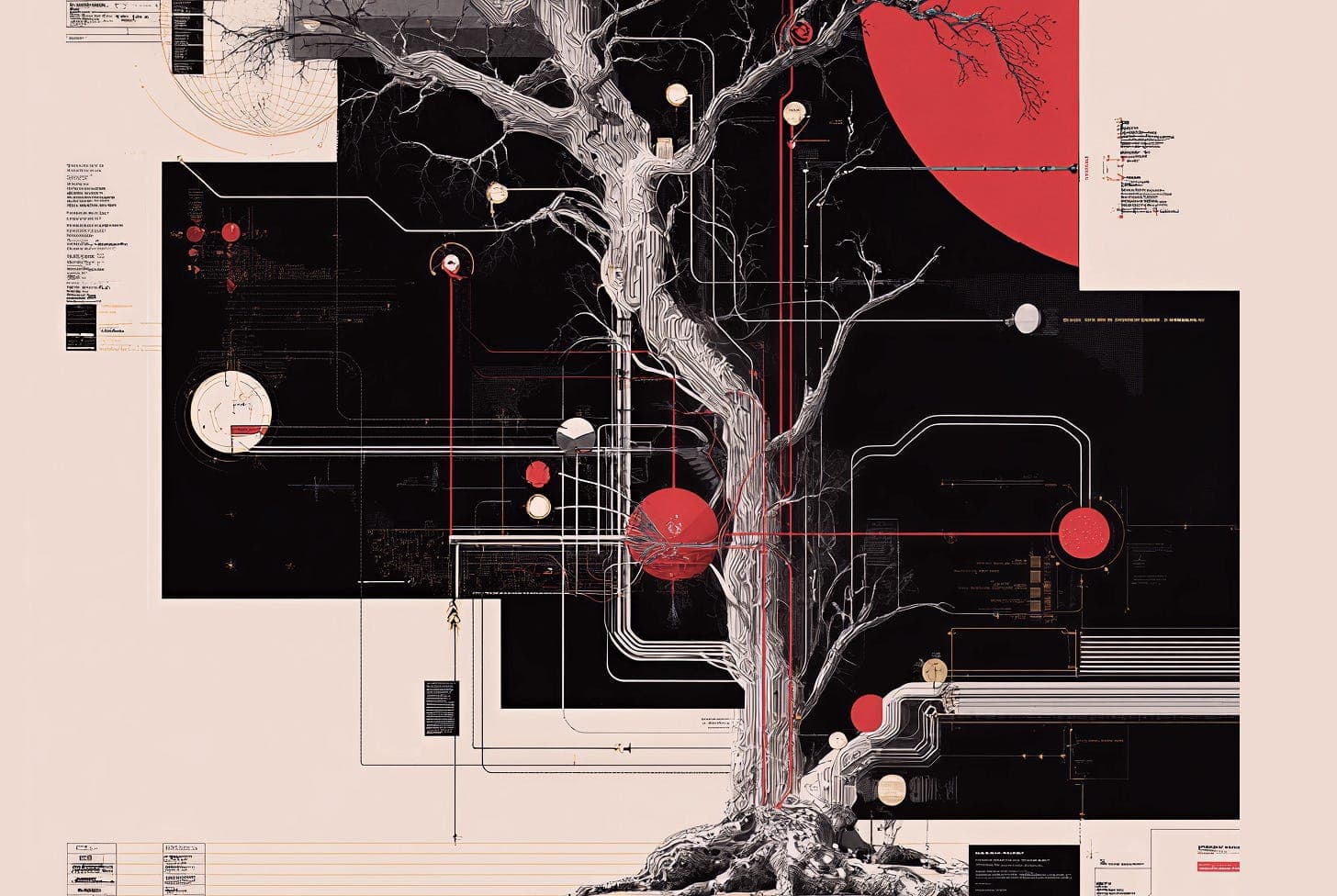 A bare tree overlaid with circuit-like wiring and glowing data nodes against a black panel and a red sun.