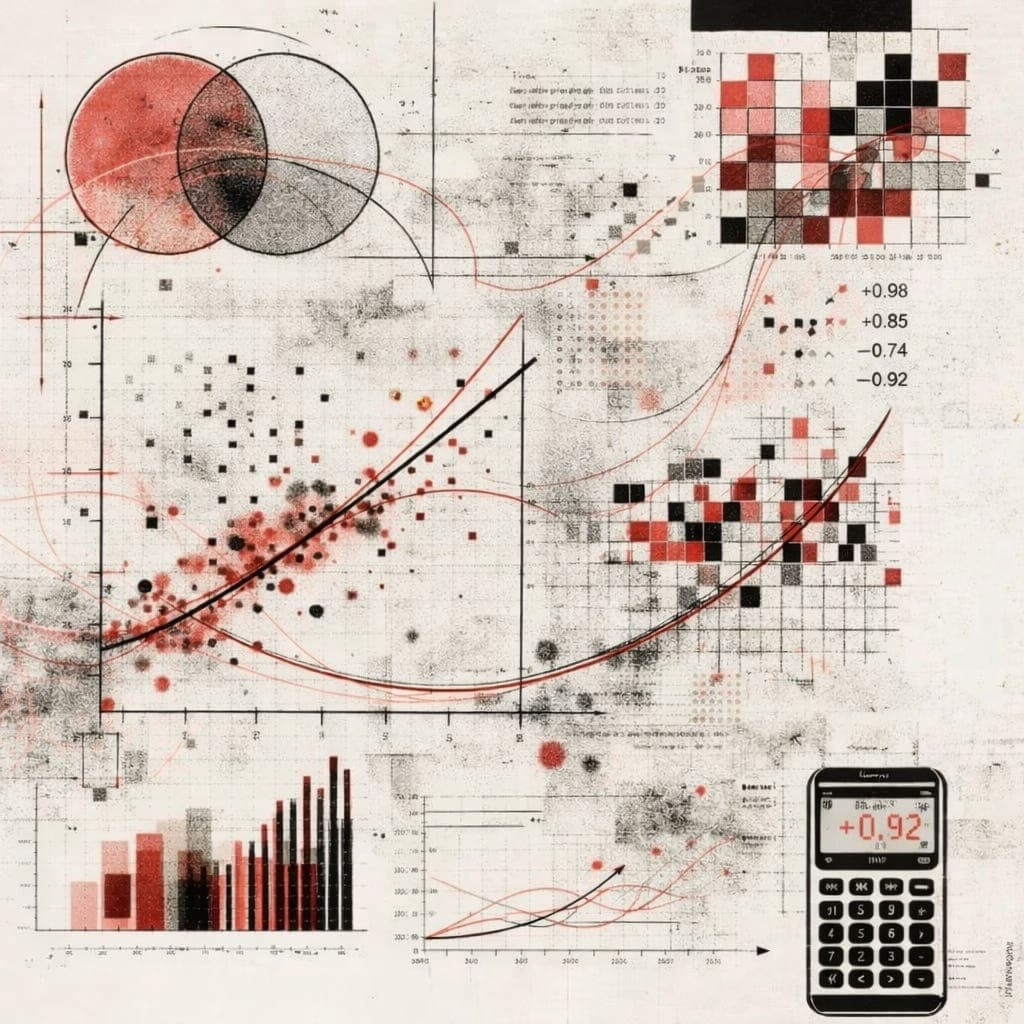 Hand-drawn analytics collage: a scatter plot with trend curves, a Venn diagram, bar charts, pixel grids of correlation values, and a calculator reading +0.92.