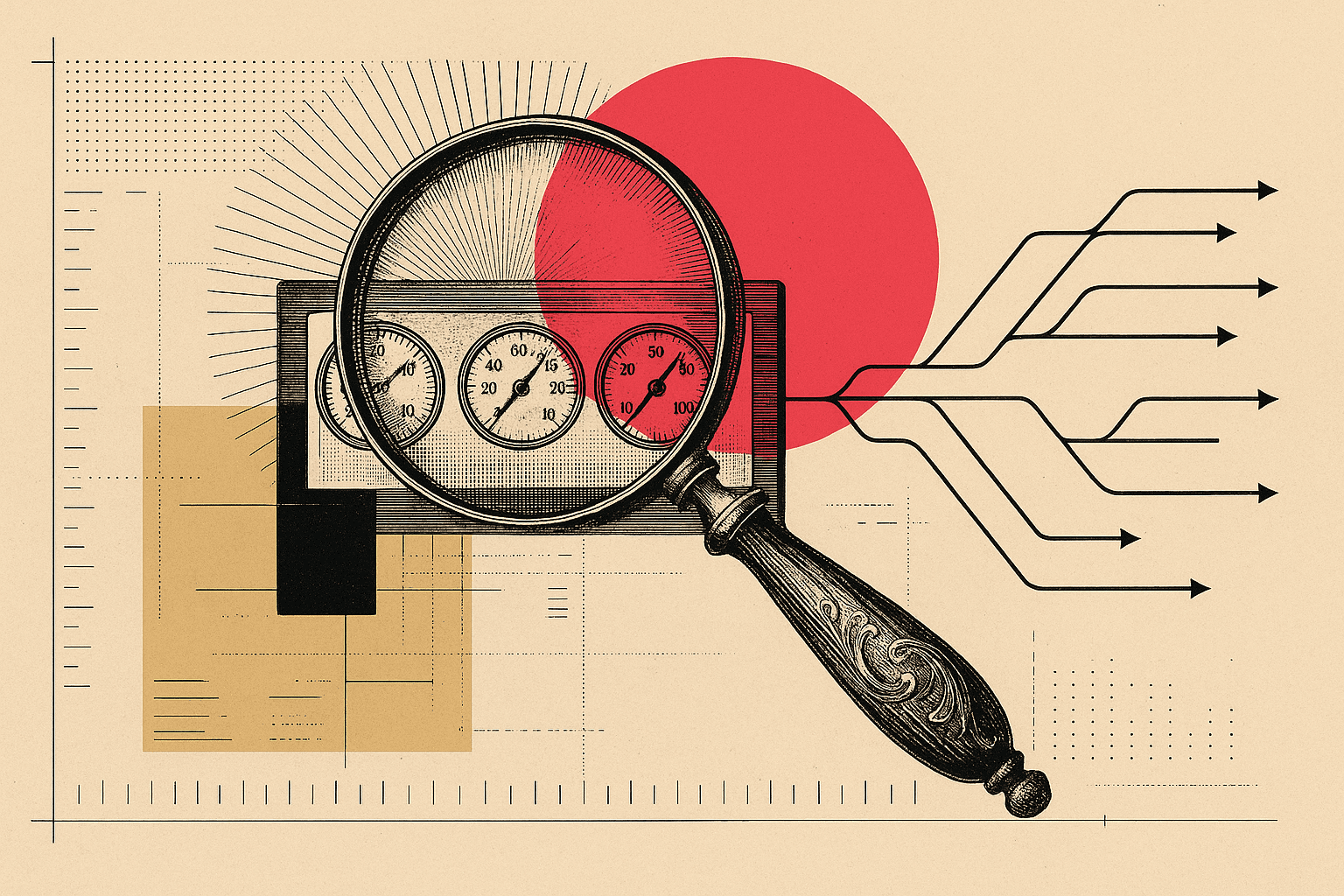 A vintage engraved search bar resolving into a single chart on one side, and a branching investigation that resolves to a diagnosis on the other, over blueprint overlays and a pink-red sunburst.