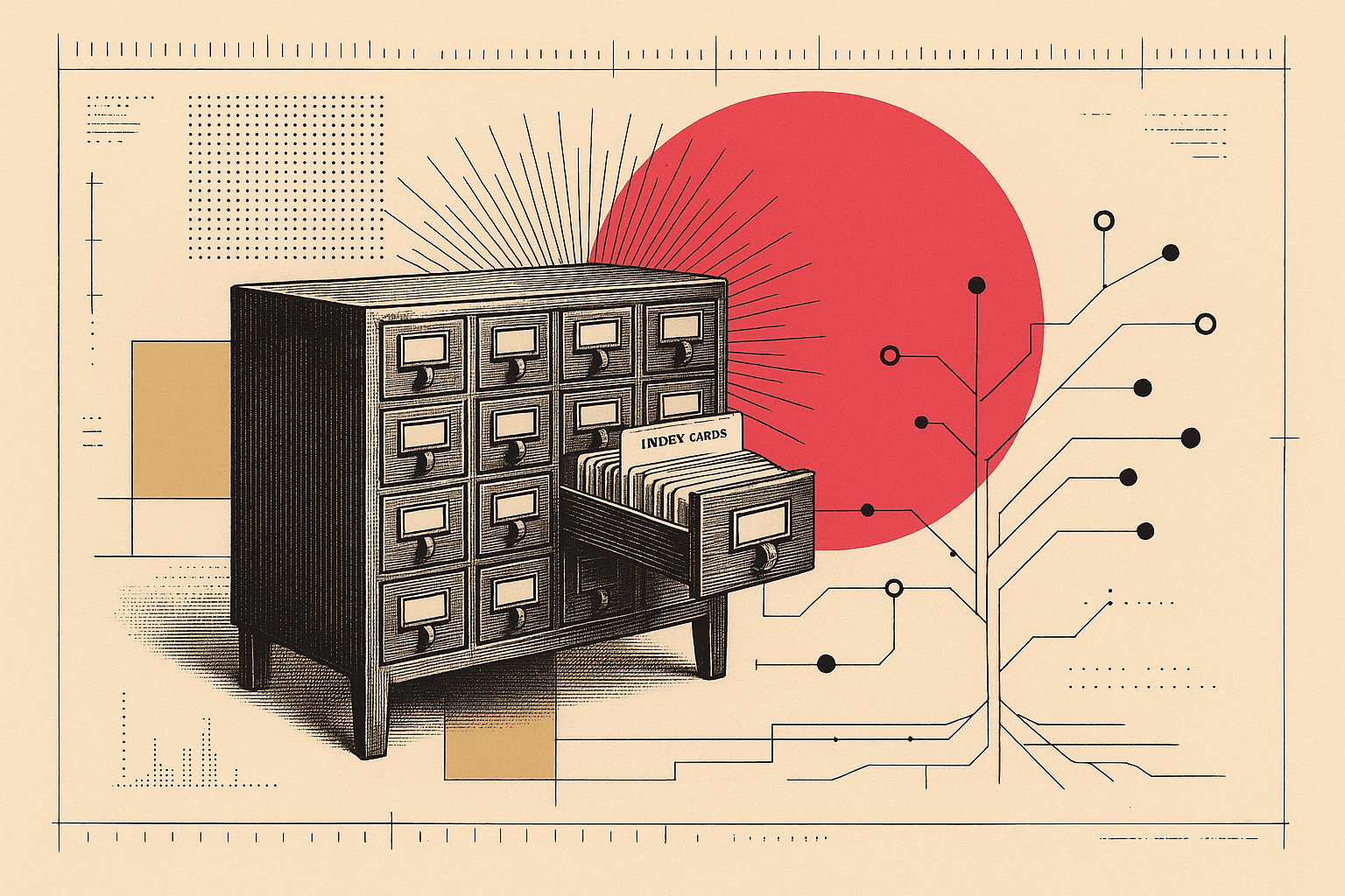 A vintage library card catalog feeding labeled index cards into branching data lines and a small metric tree, with blueprint annotations and a bold pink-red circle.