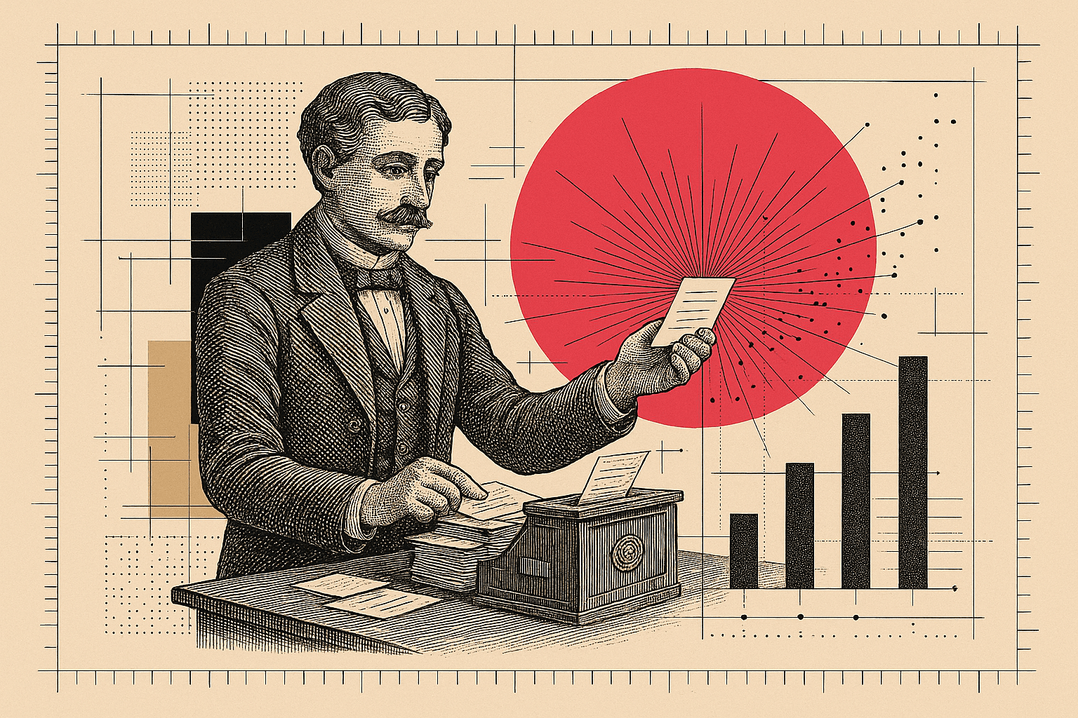 A vintage engraved automaton clerk at a desk turning a stack of question slips into one clear answer, with schematic data flows and blueprint overlays.