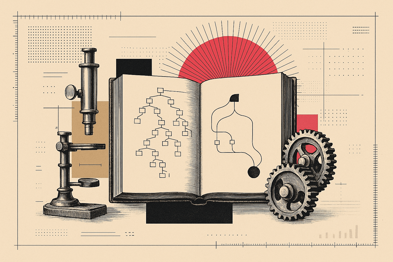 A vintage engraved open manual whose diagrammed pages show a branching decision tree resolving to one answer, beside a microscope and interlocking gears, over blueprint overlays and a pink-red sunburst.