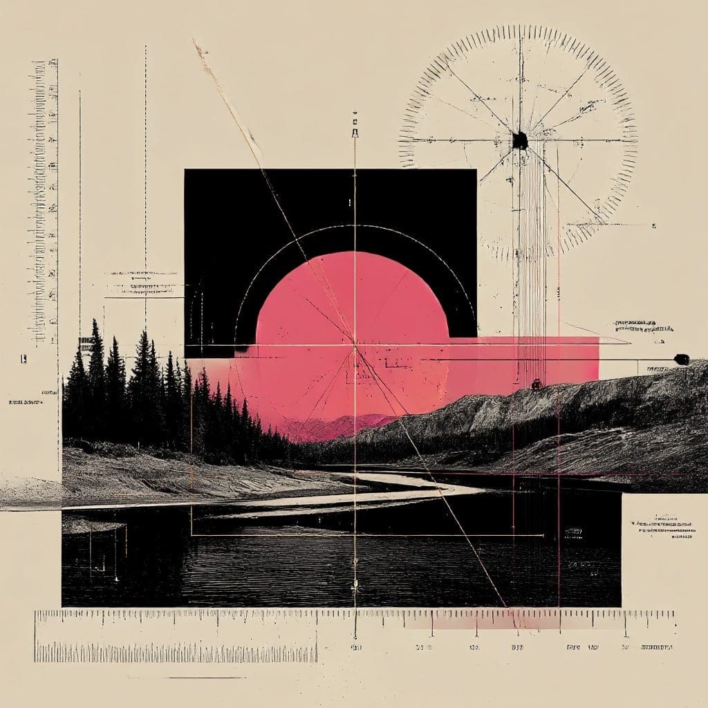 Collage of a northern landscape and river beneath a pink sun framed by a black square and a surveyor's protractor and rulers.