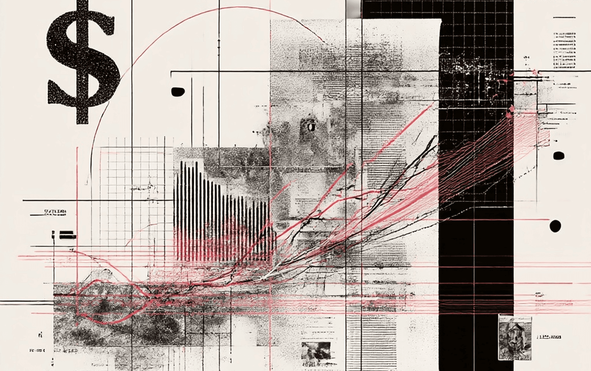 A black dollar sign looms over hand-drawn charts, grid paper, and red trajectory lines in a stark black, white, and red collage.