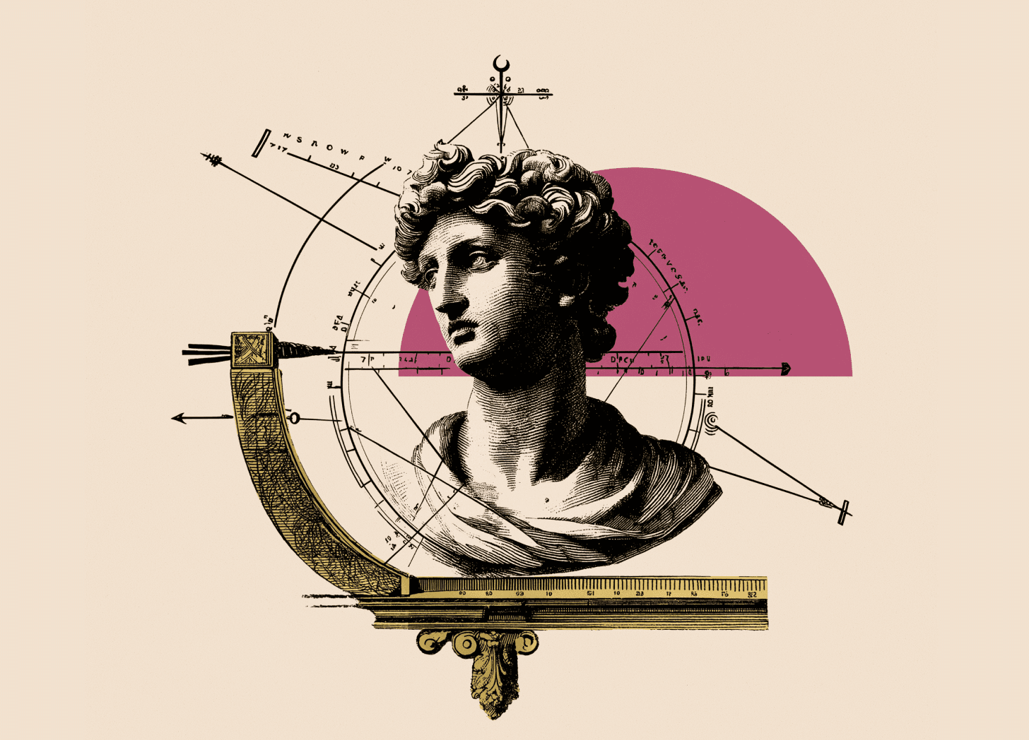 Engraving of a classical marble bust beside an antique sundial and astronomical instruments over a magenta semicircle.