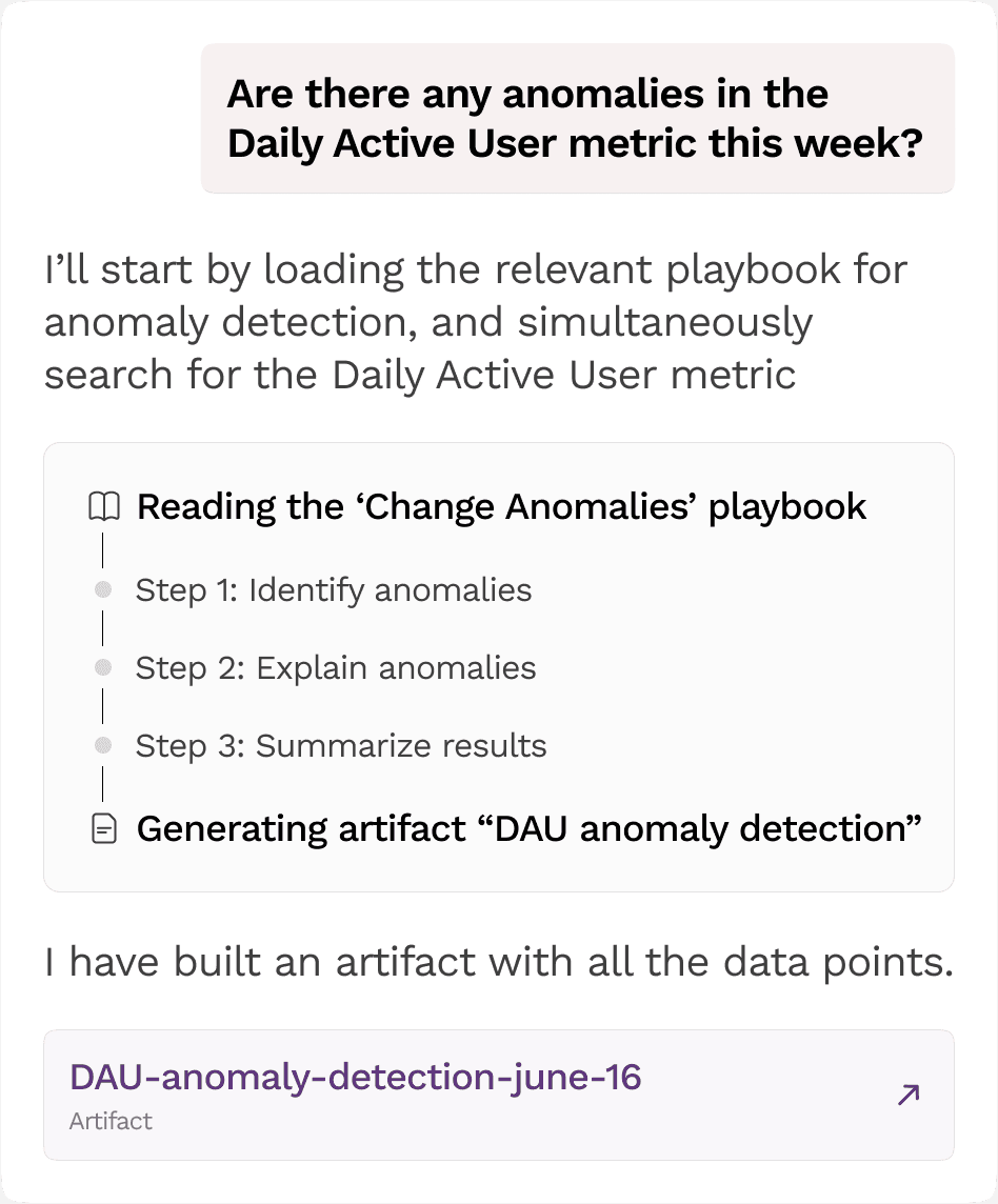 Sundial loading the 'Change Anomalies' playbook to detect Daily Active User anomalies and generating an artifact