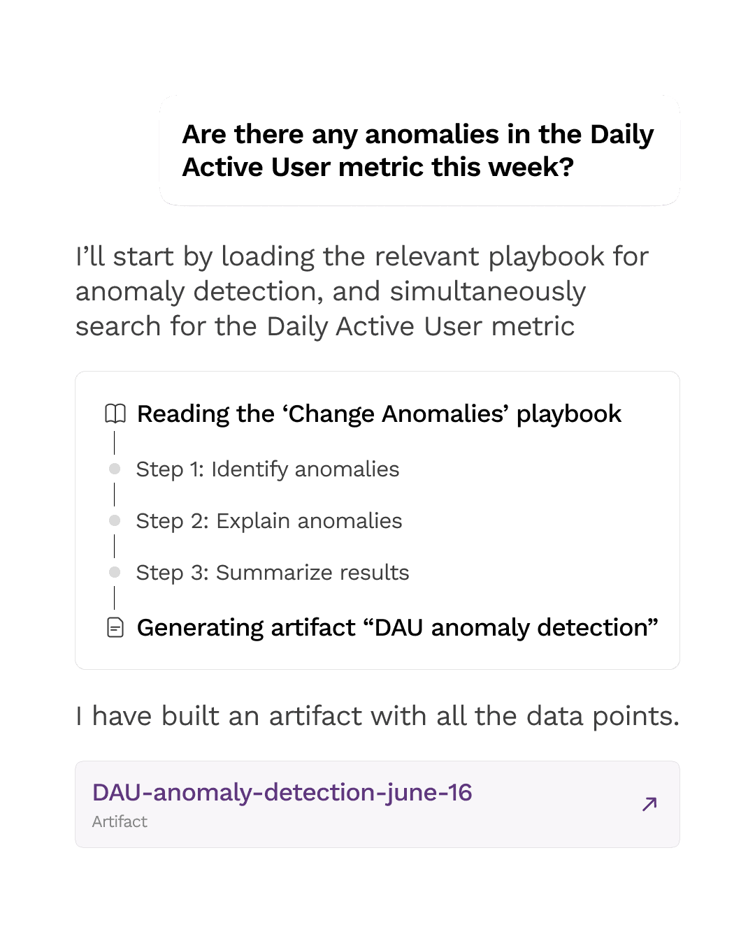 Sundial loading the 'Change Anomalies' playbook to detect Daily Active User anomalies and generating an artifact
