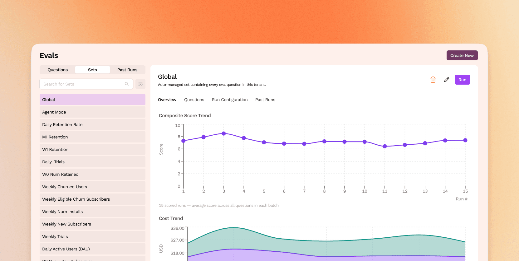 Sundial Evals dashboard showing evaluation health, pass rate, and regression status