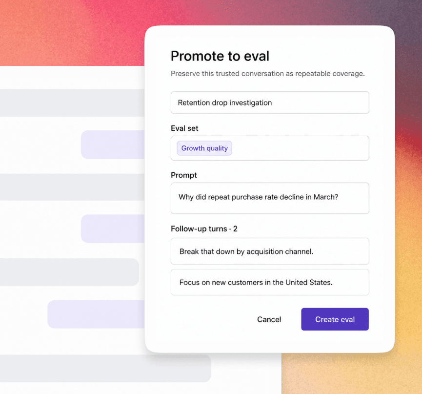 Sundial interface showing a conversation promoted into a new Eval