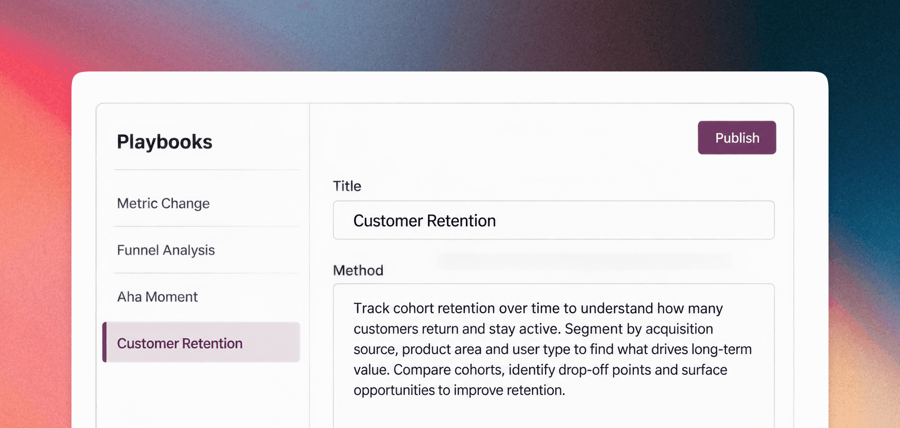 A custom customer retention Playbook editor with a Playbook list and Publish button.
