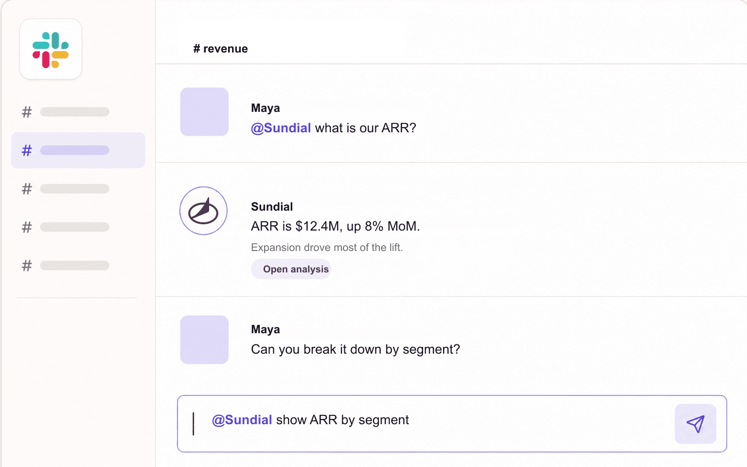 A Slack-style conversation with the Slack logo, an @Sundial ARR question, a Sundial reply, and a user follow-up.